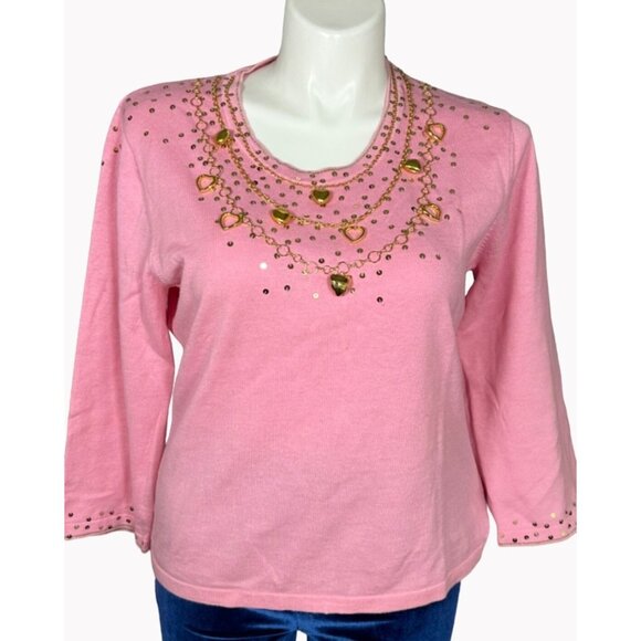 Vintage Jack B Quick Womens XL Pink Long Sleeve Sequin Gold Heart Top - Picture 2 of 10